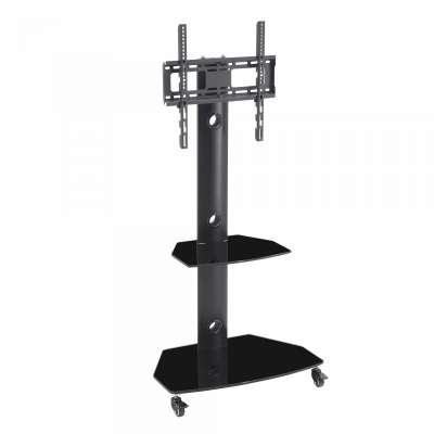 Latest Design Modern Black Powder Coated Painting Metal Tube Glass Mobile Floor Mount LCD Plasma TV Stand With Wheels